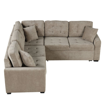 L-Shape Sofa Bed Pull-Out Sleeper Sofa With Wheels, USB Ports, Power Sockets For Living Room - Khaki