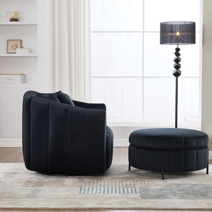 Oversized Swivel Barrel Accent Chair And Ottoman Set With Storage - Black