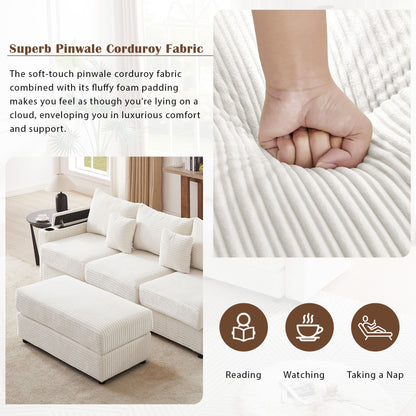 Modern Style 3 Seater Sofa Sectional Sofa Couch With Storage Space, A Movable Ottoman, Two USB Ports, Two Cup Holders, A Phone Holder For Living Room - Beige