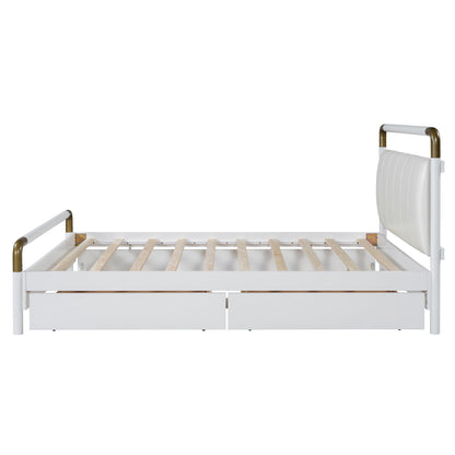 Queen Size Storage Platform Bed, With 2 Big Drawers, Twin Long Size Trundle - White