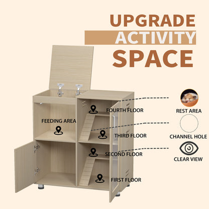 Wood 4 Tier Hamster Cage With Windows And Storage Cabinet - Teak