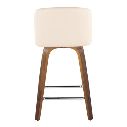 Toriano - Mid-Century Modern Fixed Height Counter Stool & Swivel And Square Footrest (Set of 2) - Walnut / Cream