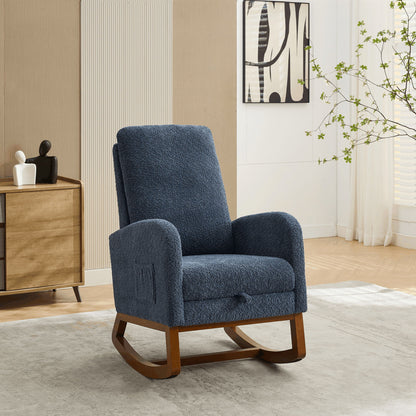 Rocking Chair For Nursery, High Back Glider Chair With Retractable Footrest, Side Pocket, Rocking Accent Armchair With Rubber Wood Legs For Living Room / Bedroom - Navy