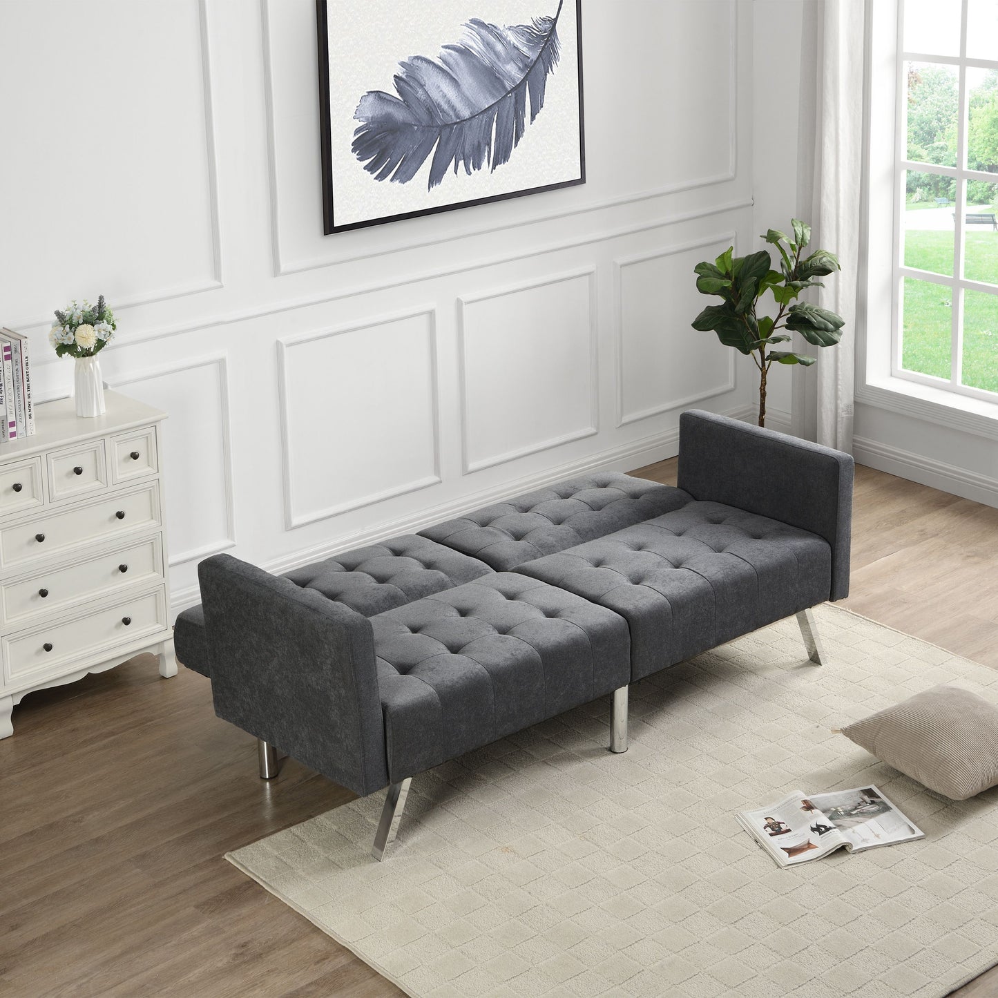 Futon Sofa Bed Convertible Folding Lounge Couch, Armrests - Dark Gray