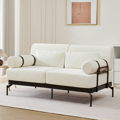 Modern Loveseat Sofa 59" Couch With Flexible USB Ports, Unique Cylindrical Armrests - Beige