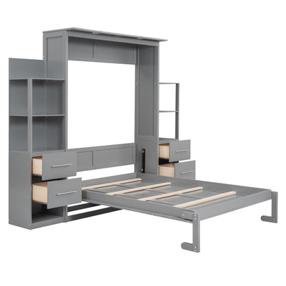 Full Size Murphy Wall Bed With Shelves, Drawers And LED Lights - Gray