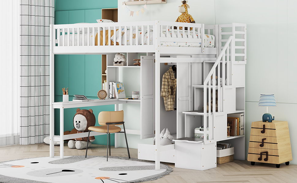 Full Size Loft Bed With Bookshelf, Drawers, Desk, And Wardrobe - White