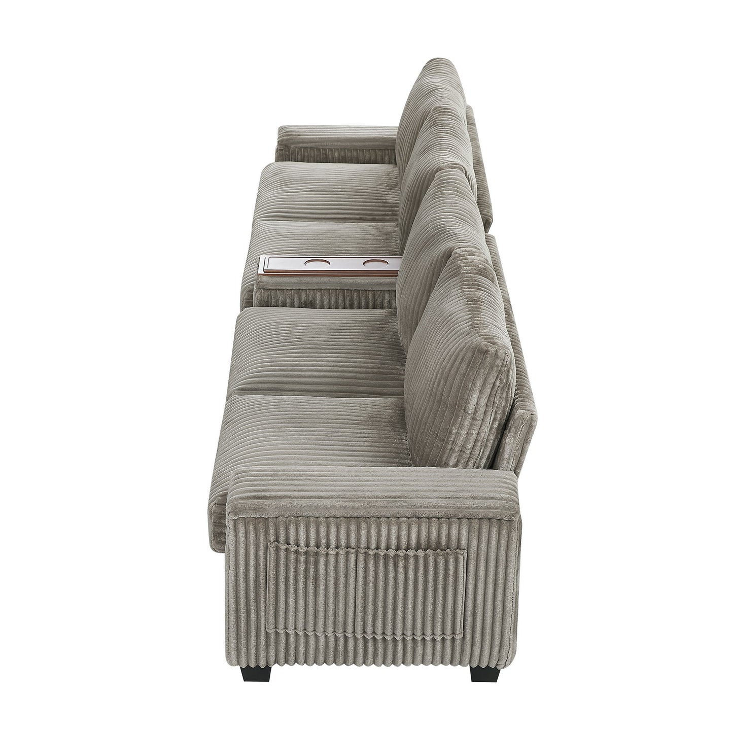 Modern 4 Seater Corduroy Sofa Couch With USB Ports, Hidden Storage Arms, And Flip Top Cup Holders - Brown - Brown
