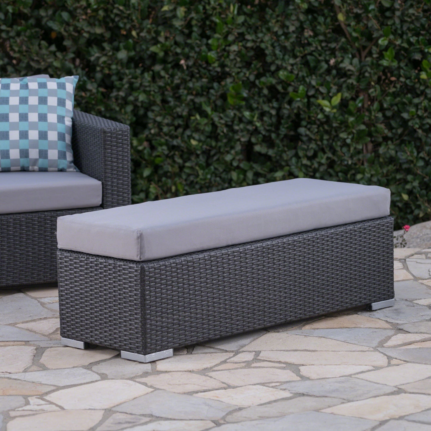 Enthrallia - Outdoor Wicker Bench With Cushion - Gray