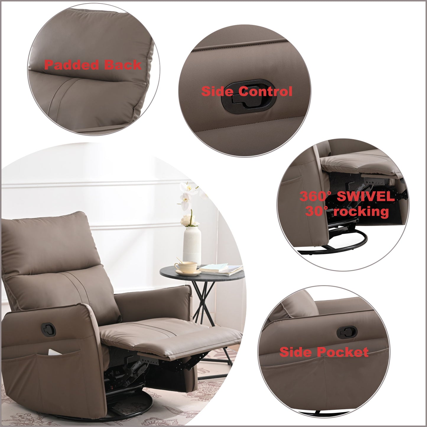 Rocking Recliner Chair, 360 Degree Swivel Nursery Rocking Chair, Glider Chair, Modern Small Rocking Swivel Recliner Chair For Bedroom, Living Room Chair Home Theater Seat, Side Pocket - Brown