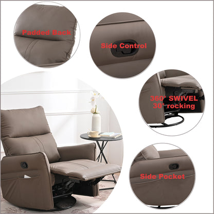 Rocking Recliner Chair, 360 Degree Swivel Nursery Rocking Chair, Glider Chair, Modern Small Rocking Swivel Recliner Chair For Bedroom, Living Room Chair Home Theater Seat, Side Pocket - Brown