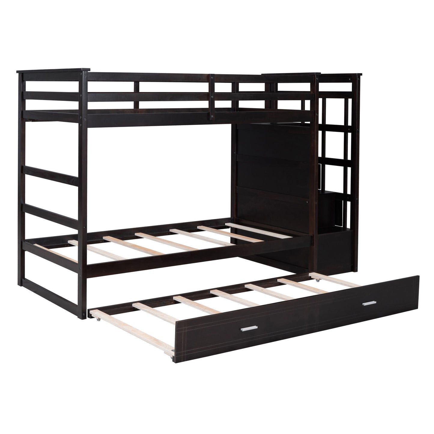 Twin Over Twin Bunk Bed With Trundle And Staircase - Espresso