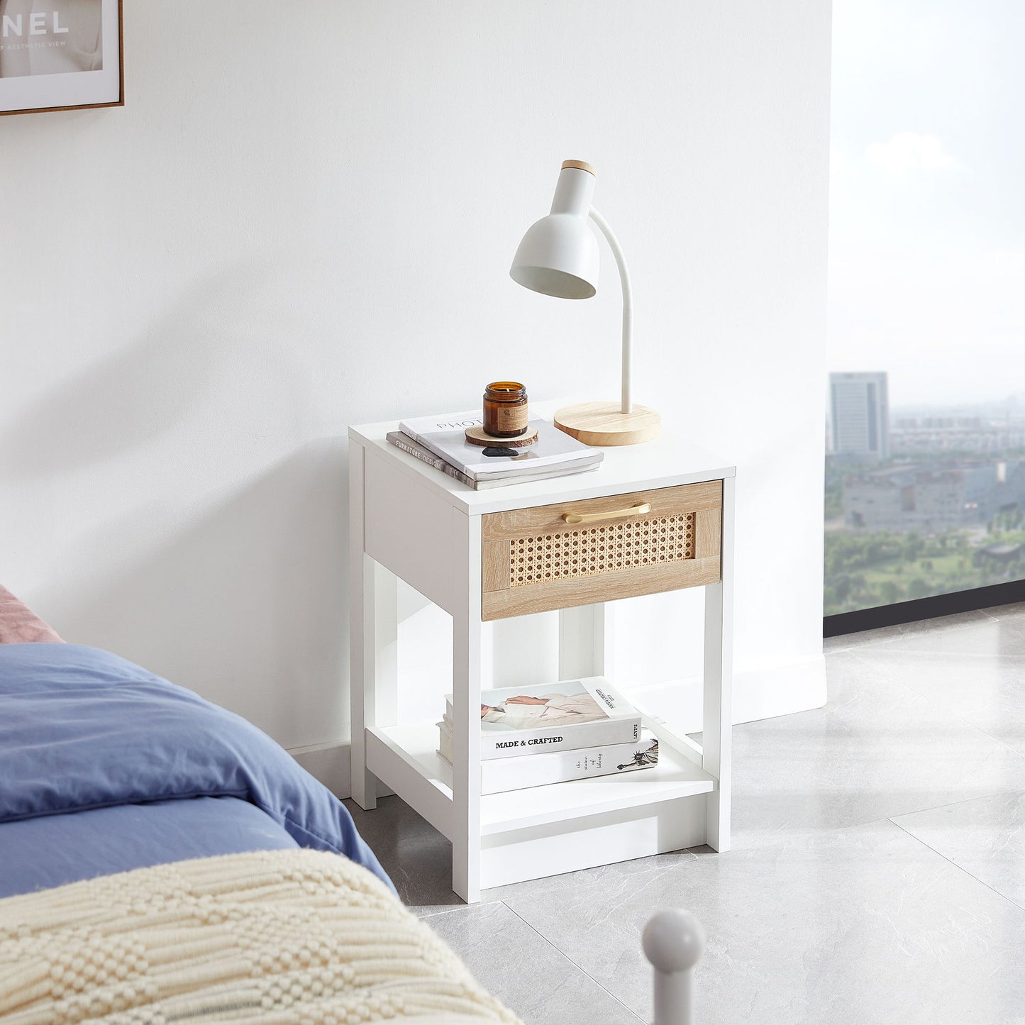 15.75" Rattan End Table With Drawer, Modern Nightstand, Side Table For Living Room, Bedroom - White
