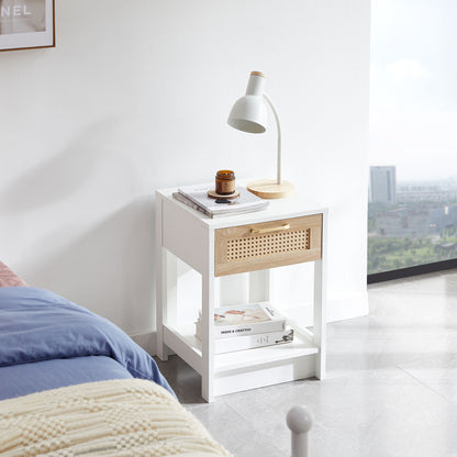 15.75" Rattan End Table With Drawer, Modern Nightstand, Side Table For Living Room, Bedroom - White