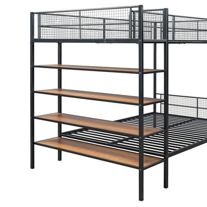 Twin Over Full Bunk Bed With 5 Tier Shelves - Black