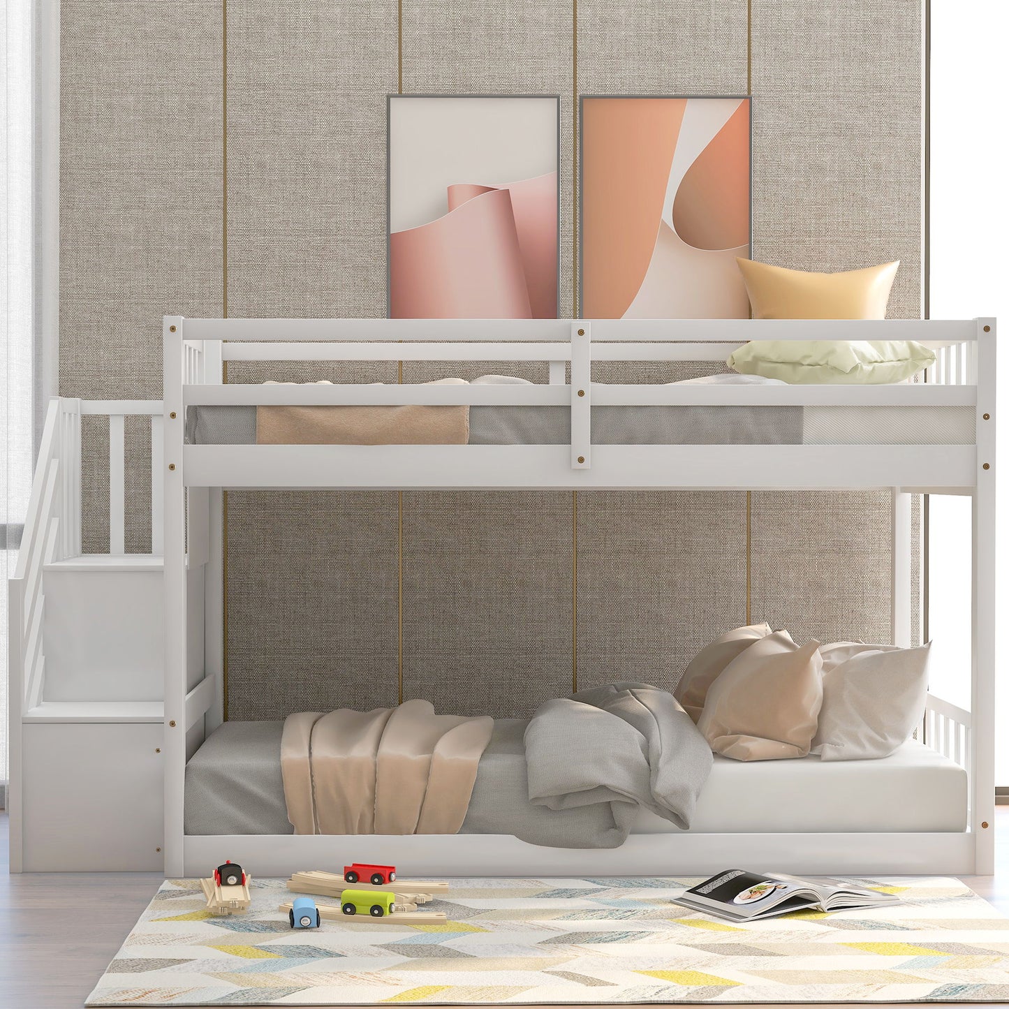 Twin Over Twin Floor Bunk Bed, Ladder With Storage - White