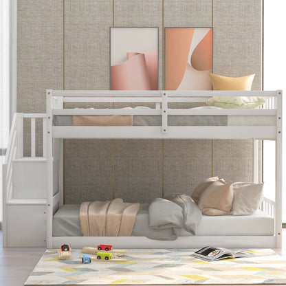 Twin Over Twin Floor Bunk Bed, Ladder With Storage - White