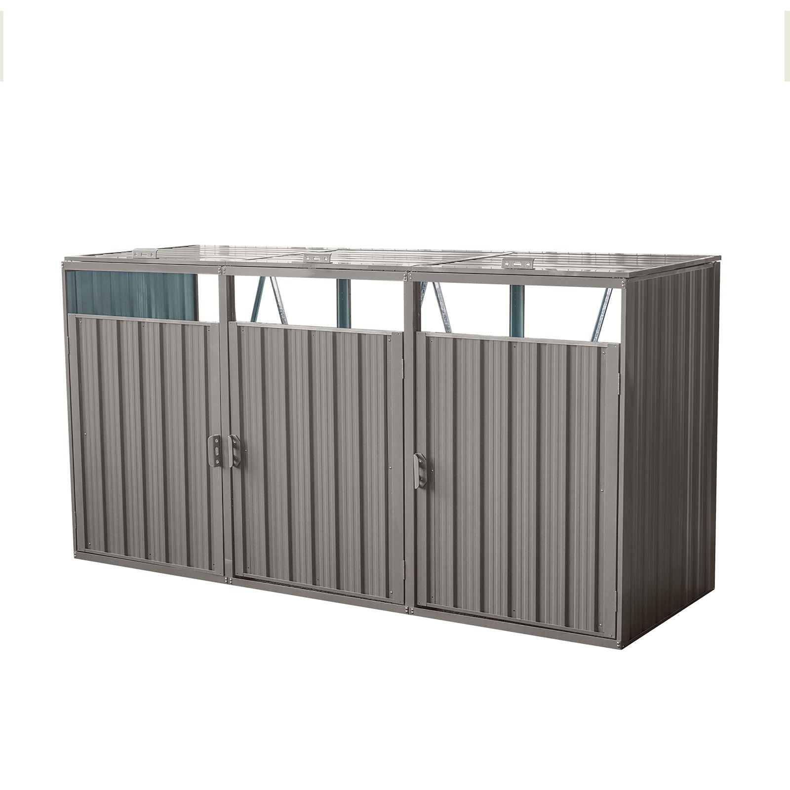Garbage Bin Shed Stores 3 Trash Cans Metal Outdoor Bin Shed For Garbage Storage, Stainless Galvanized Steel, Bin Shed For Garden Yard Lawn - Gray