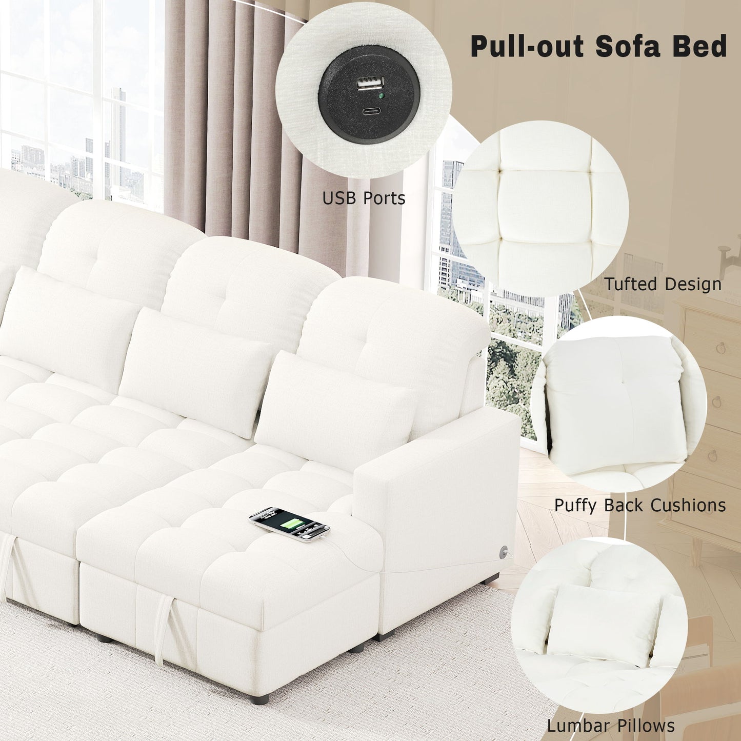 Oversized U - Shaped Sofa Versatile Sectional Sofa Pull Out Sofa Bed With Double Storage Chaise Lounges And 2 USB Ports For Living Room - Beige