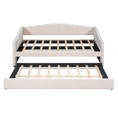 Twin Size Upholstered Daybed Sofa Bed With Trundle And Slat - Beige
