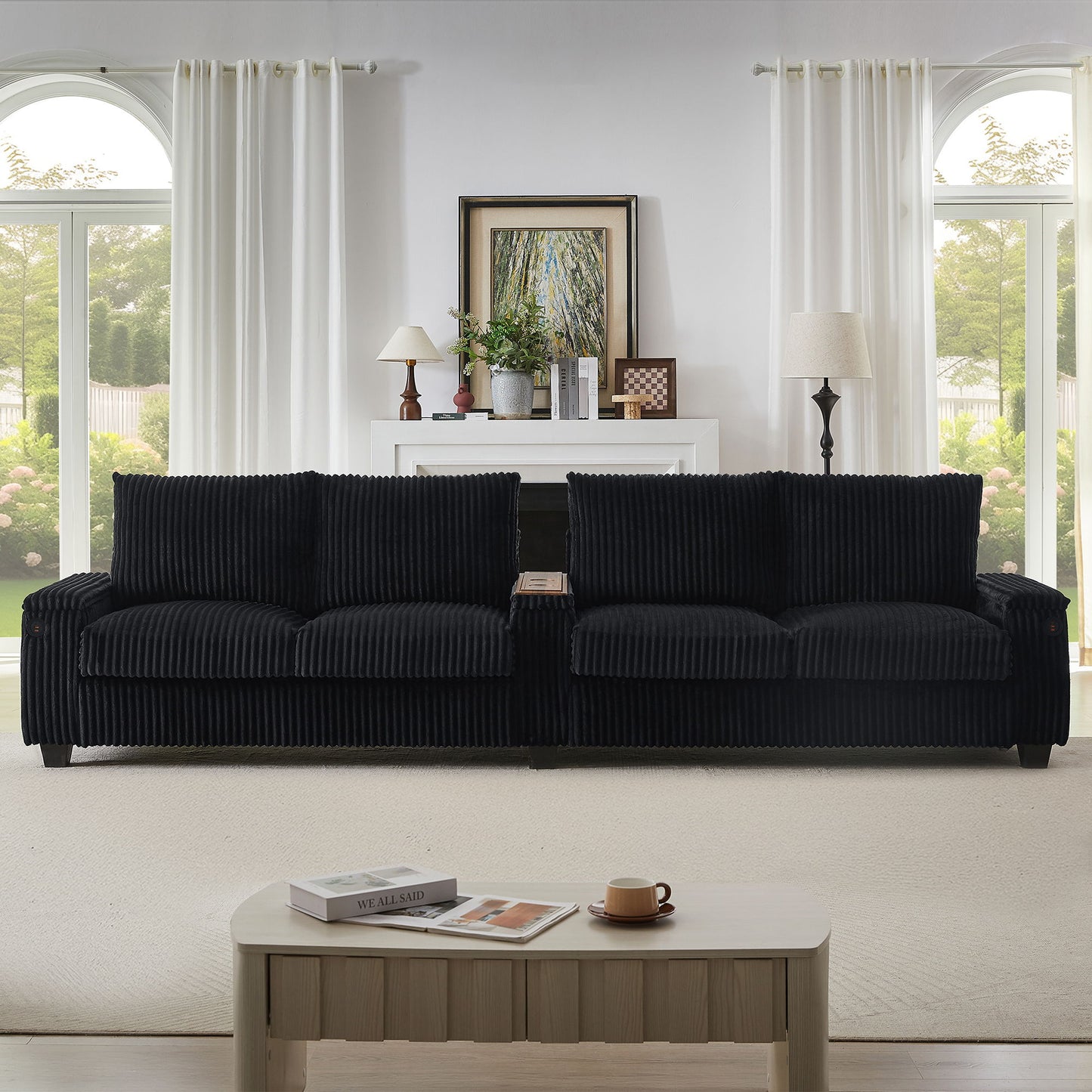 Modern 4 Seater Corduroy Sofa Couch With USB Ports And Hidden Storage - Black