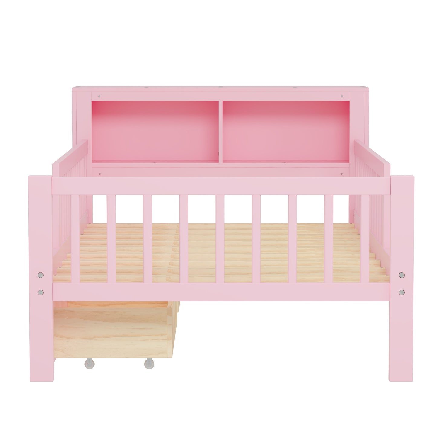 Twin Size Bed With Headboard Storage Rack, 2 Under Bed Drawers, 3 - Side Guardrails For Safety And Security - Pink