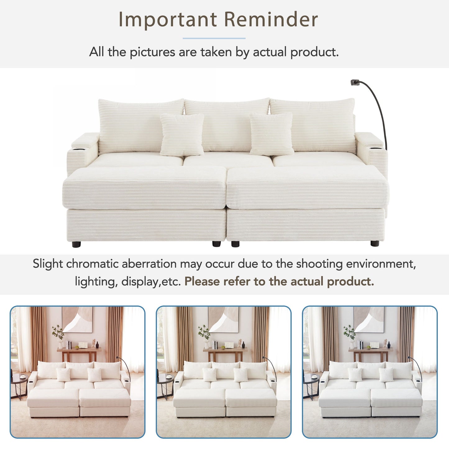 Modern Style 3 Seater Sofa Sectional Sofa Couch With Storage Space, Two Movable Ottomans, Two USB Ports, Two Cup Holders, A Phone Holder For Living Room - Beige