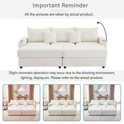 Modern Style 3 Seater Sofa Sectional Sofa Couch With Storage Space, Two Movable Ottomans, Two USB Ports, Two Cup Holders, A Phone Holder For Living Room - Beige