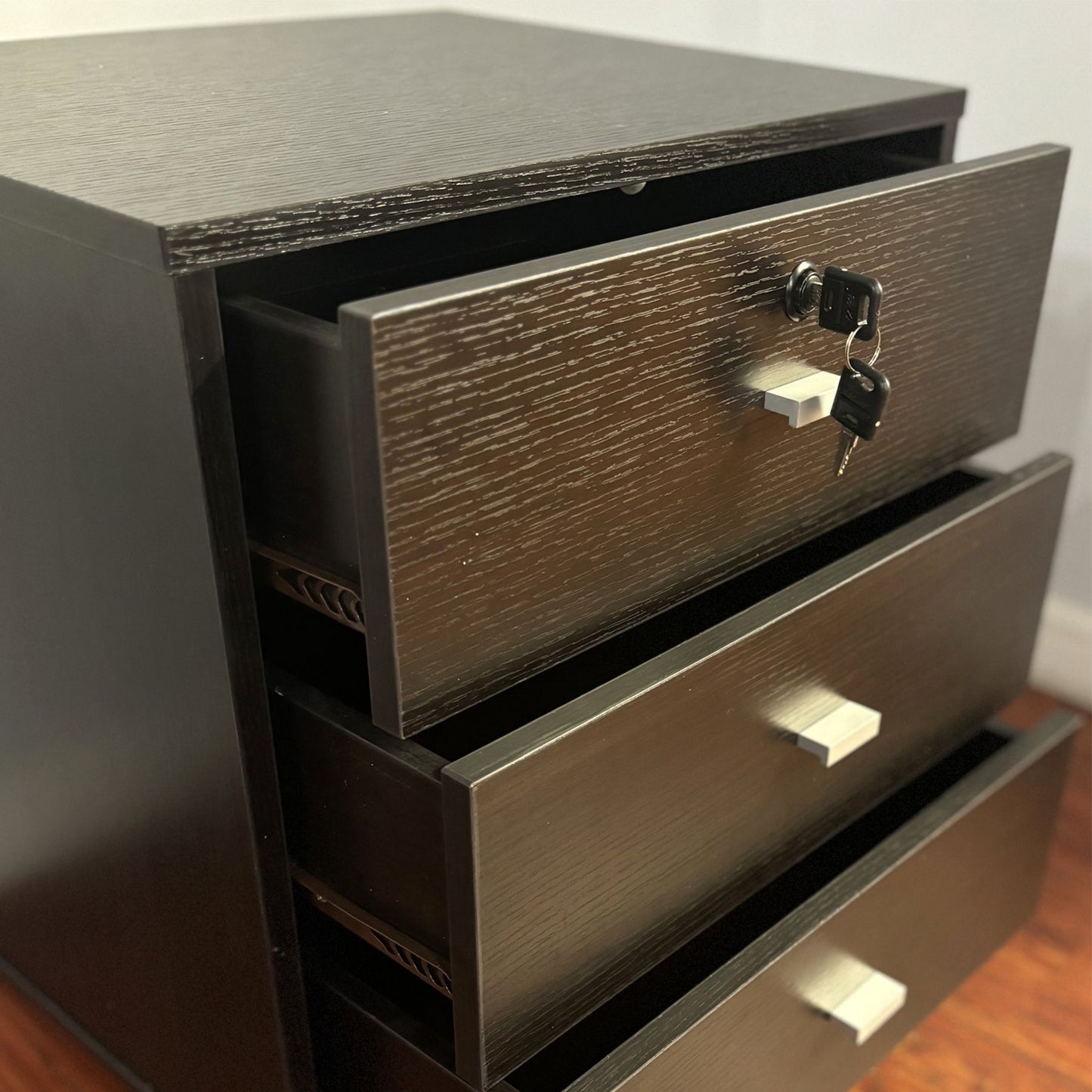 3 Drawer Nightstand Locking Top Drawer Metal Drawer Glides Metal Bar Handles - Espresso