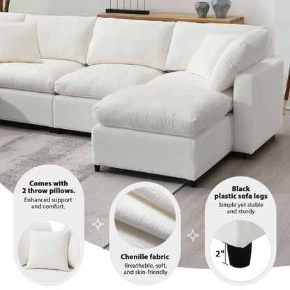 Modern Modular Cloud Sofa Bed, 6 Seat Chenille Sectional Couch Set With Ottoman, Free Combination, Convertible U Shaped Sleeper Sofa - Beige