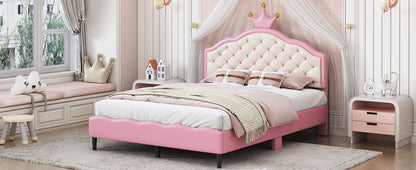 Full Size Lovely Crown Fantasy Leather Princess Bed With Tufted Headboard - Pink / Cream