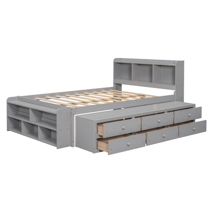 Full Bed With Bookcase Headboard, Under Bed Storage Drawers And Bed End Storage Case - Gray