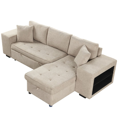 Modern L-Shape 3 Seat Reversible Sectional Couch, Pull Out Sleeper Sofa With Storage Chaise And 2 Stools For Living Room Furniture Set - Cream