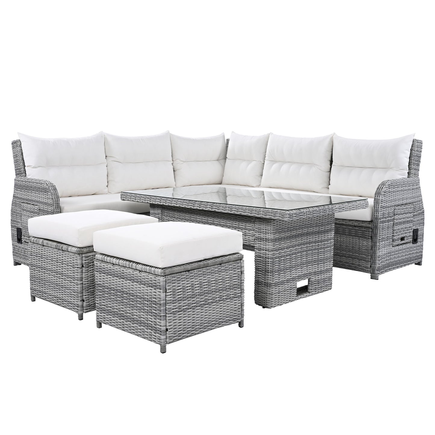 Outdoor Furniture Set Patio Rattan Furniture Set With An Adjustable Table, Recliners With Extendable Side Tables, And 2 Ottomans For Patio, Lawn, Backyard, Pool - Beige