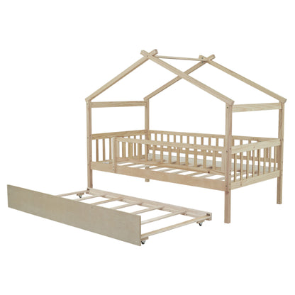 Twin Size House Bed & Twin Size Trundle - Natural