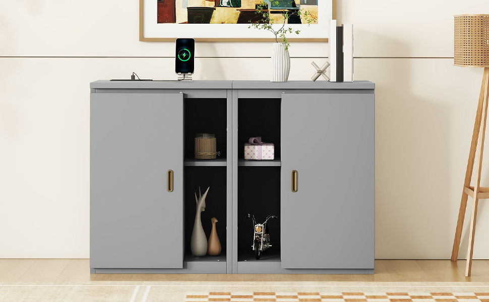 Full Size Murphy Bed With Shelves, Cabinets And USB Ports - Gray