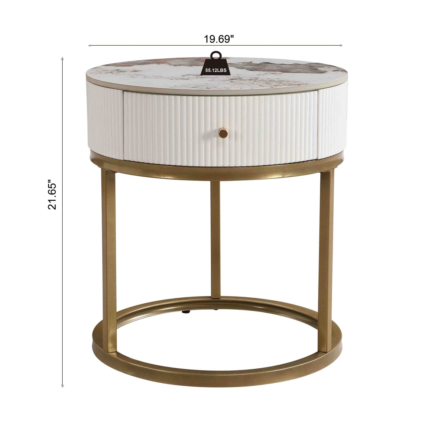 Modern Nightstand With Drawer, Marble Round End Table - White