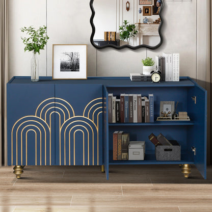 Modern Fluted Sideboard Buffet With Adjustable Shelves, Curve Element With Strict Lines - Navy Blue