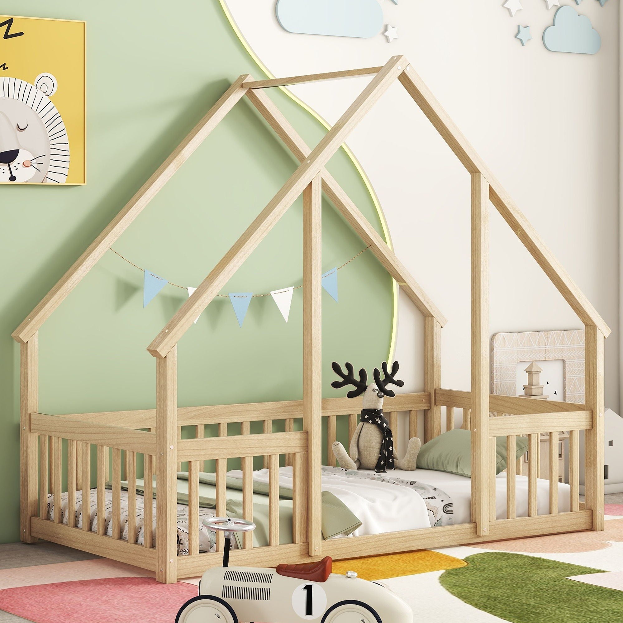 Twin Wood House-Shaped Floor Bed With Fence, Guardrails - Natural
