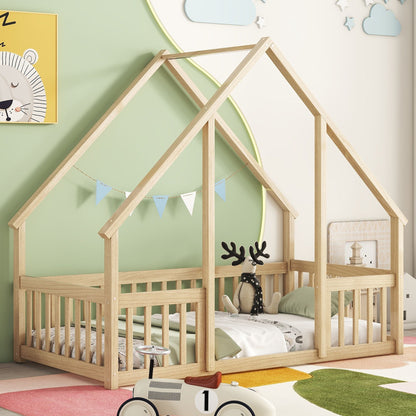 Twin Wood House-Shaped Floor Bed With Fence, Guardrails - Natural