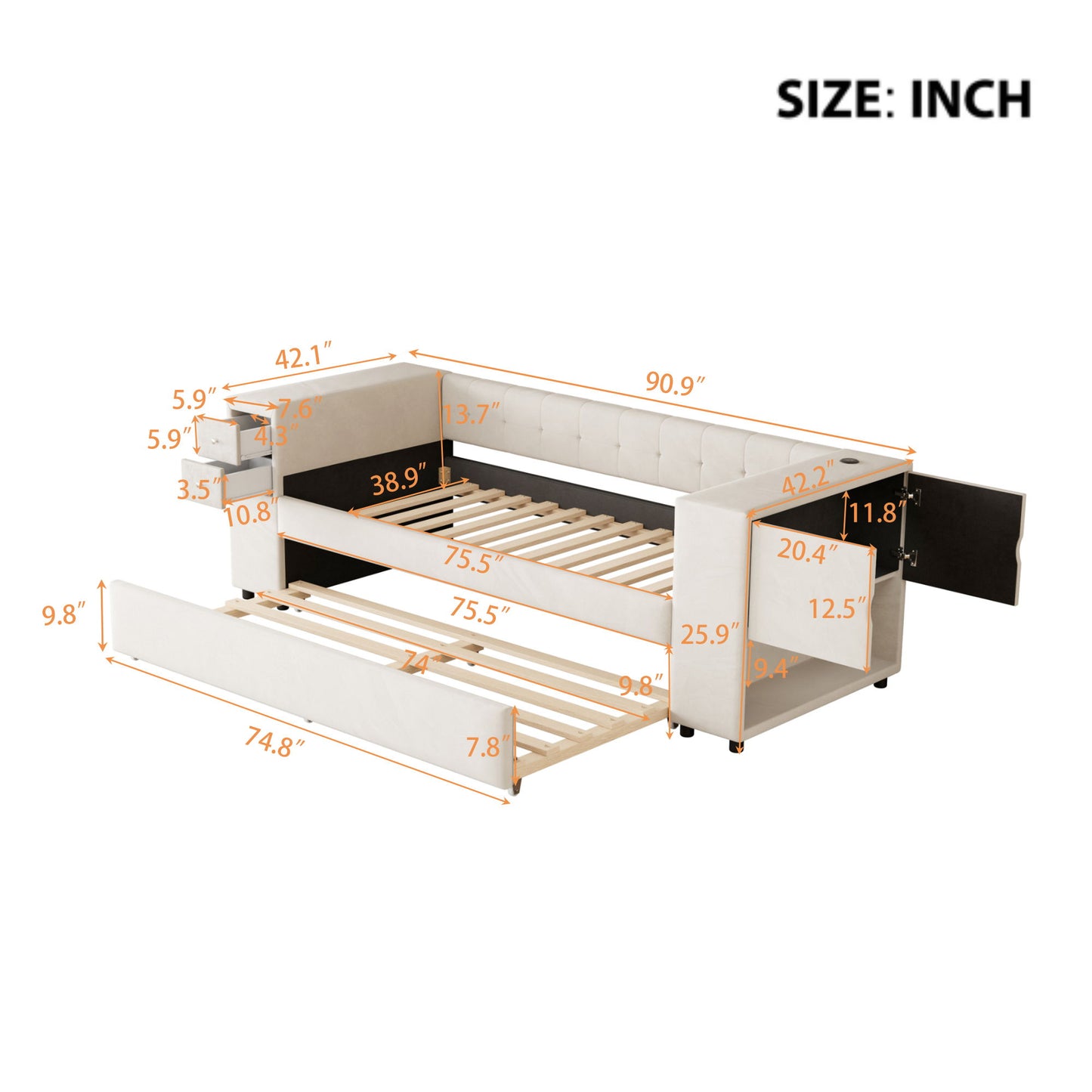 Twin Upholstered Bed With Storage And Twin Trundle, USB Charging Ports - Beige