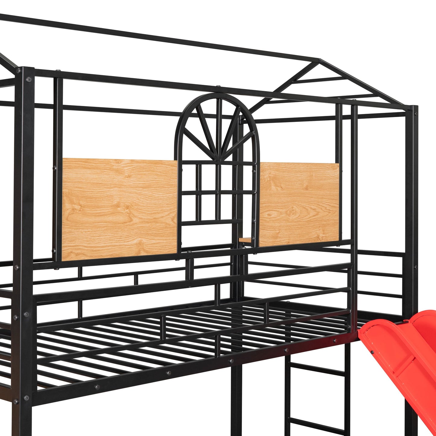 Twin Over Twin Bunk Bed, Housebed With Slide And Storage Stair - Black / Red