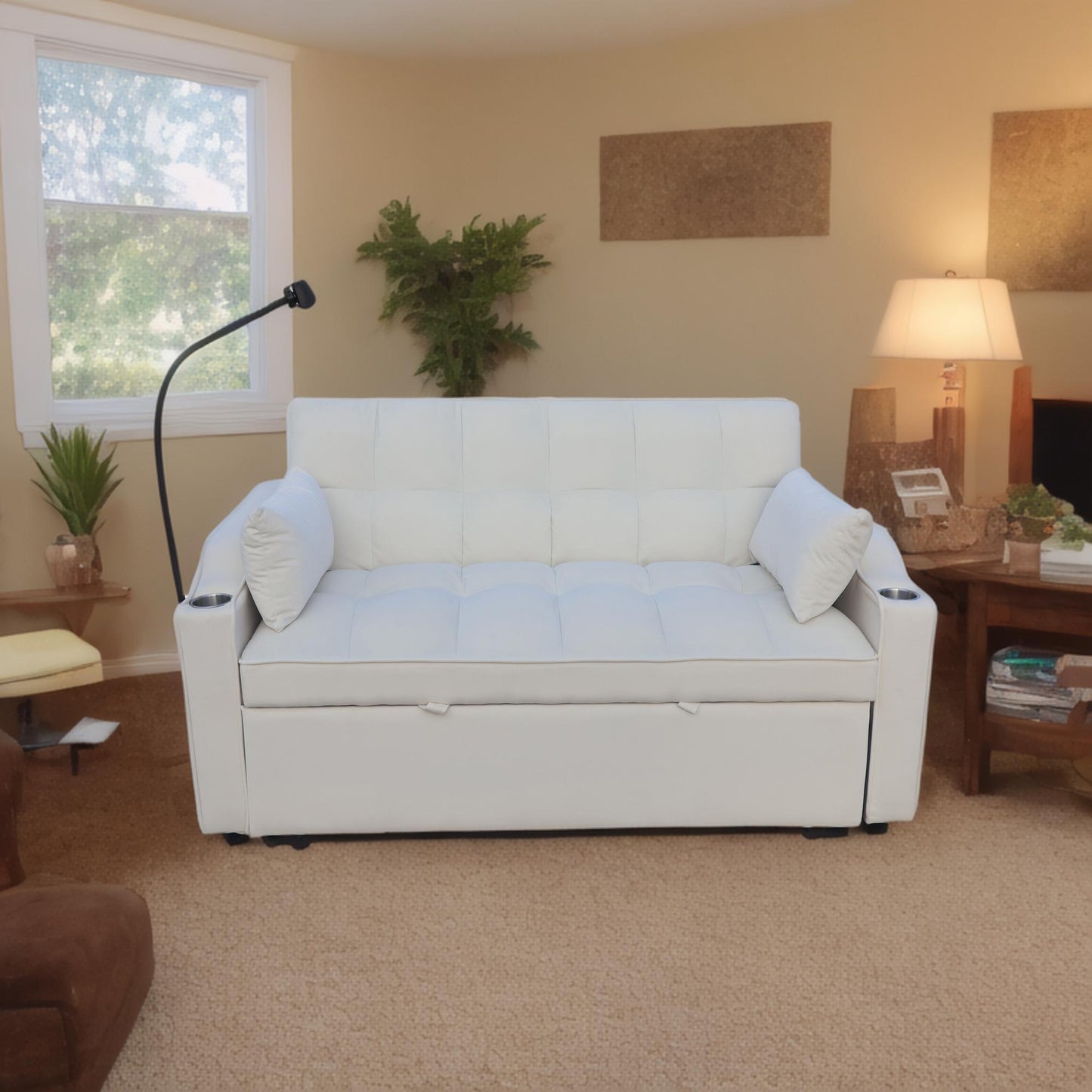 Modern Velvet Loveseat Futon Sofa Couch With Pullout Bed, Adjustable Reclining Backrest - Beige