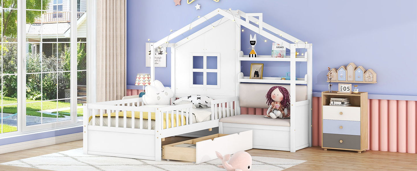 Twin Size House Bed With Sofa, Kids Platform Bed With 2 Drawers And Storage Shelf - White