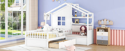 Twin Size House Bed With Sofa, Kids Platform Bed With 2 Drawers And Storage Shelf - White