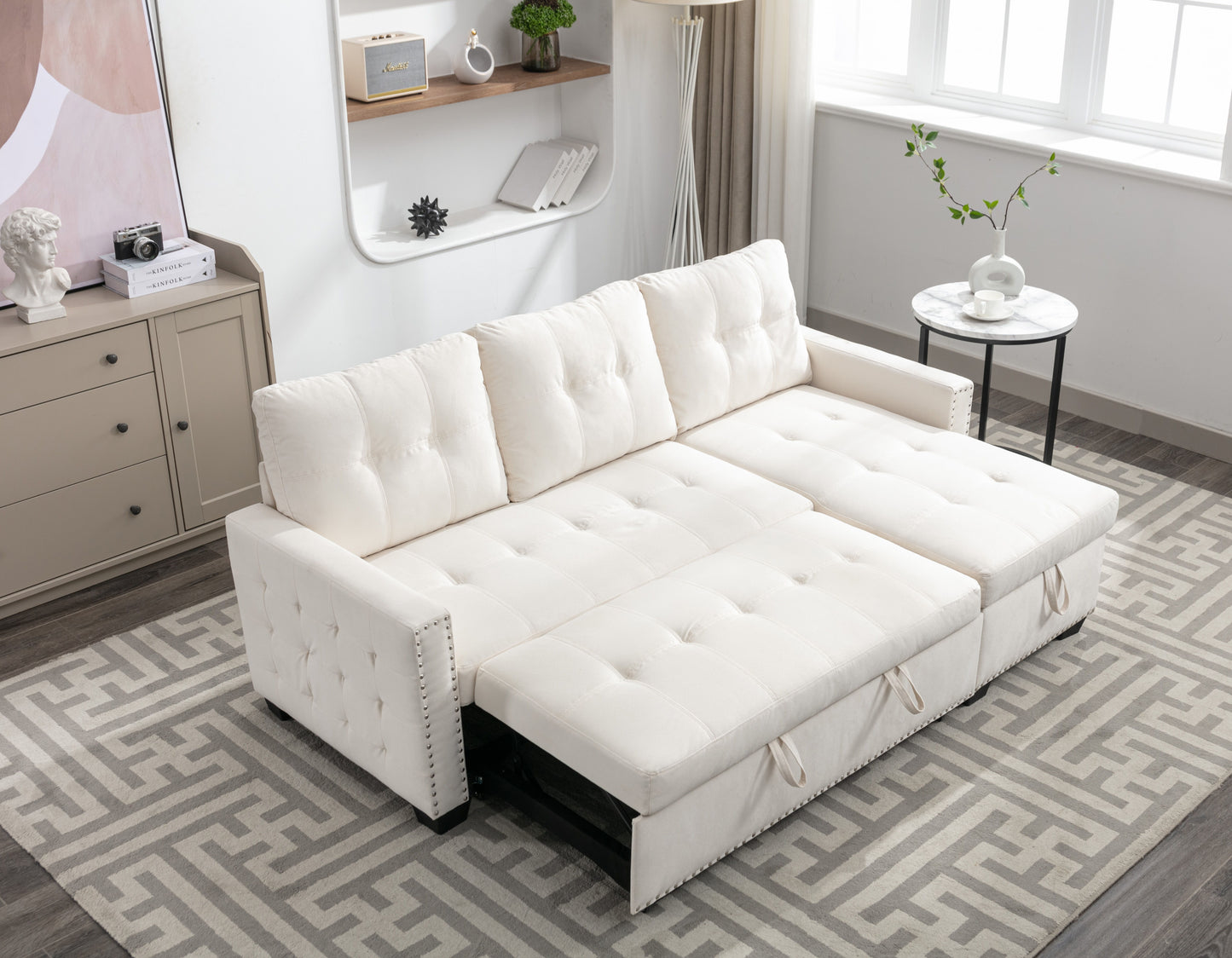 Reversible Sectional Storage Sleeper Sofa Bed, L-Shape 2 Seat Sectional Chaise With Storage, Skin-Feeling Velvet Fabric - Beige