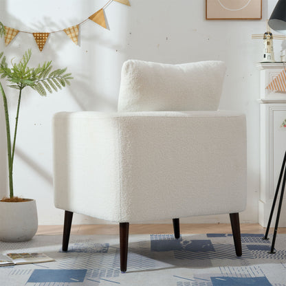 Modern Teddy Fabric Accent Chair - Mid - Century Upholstered Armchair With Pillow And Wood Legs For Living Room, Or Reception Room - White