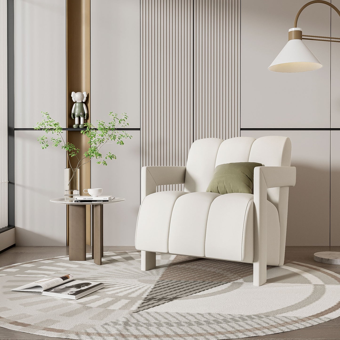 Modern Minimalist Leisure Armchair With L Shaped Armrests For Living Room - White