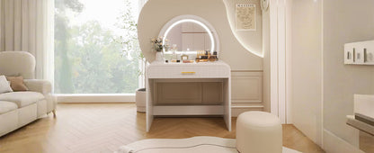Makeup Vanity Table With Mirror Touch Screen Lighted Mirror, Dressing Table With Drawer For Bedroom - White