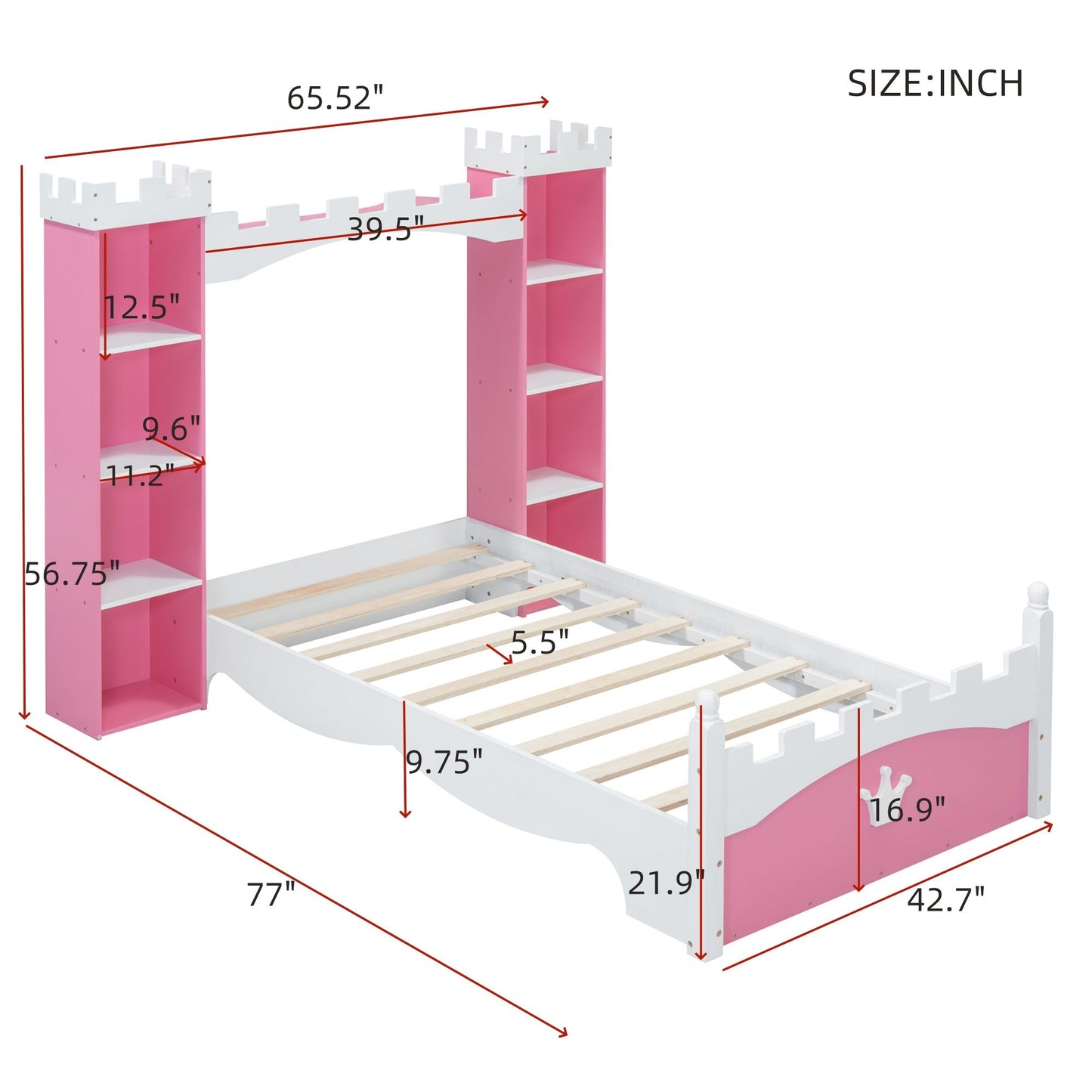 Castle Shaped Bed With Storage Shelf, Dreamy Twin Size Platform Bed For Kids Bedroom - Pink / White